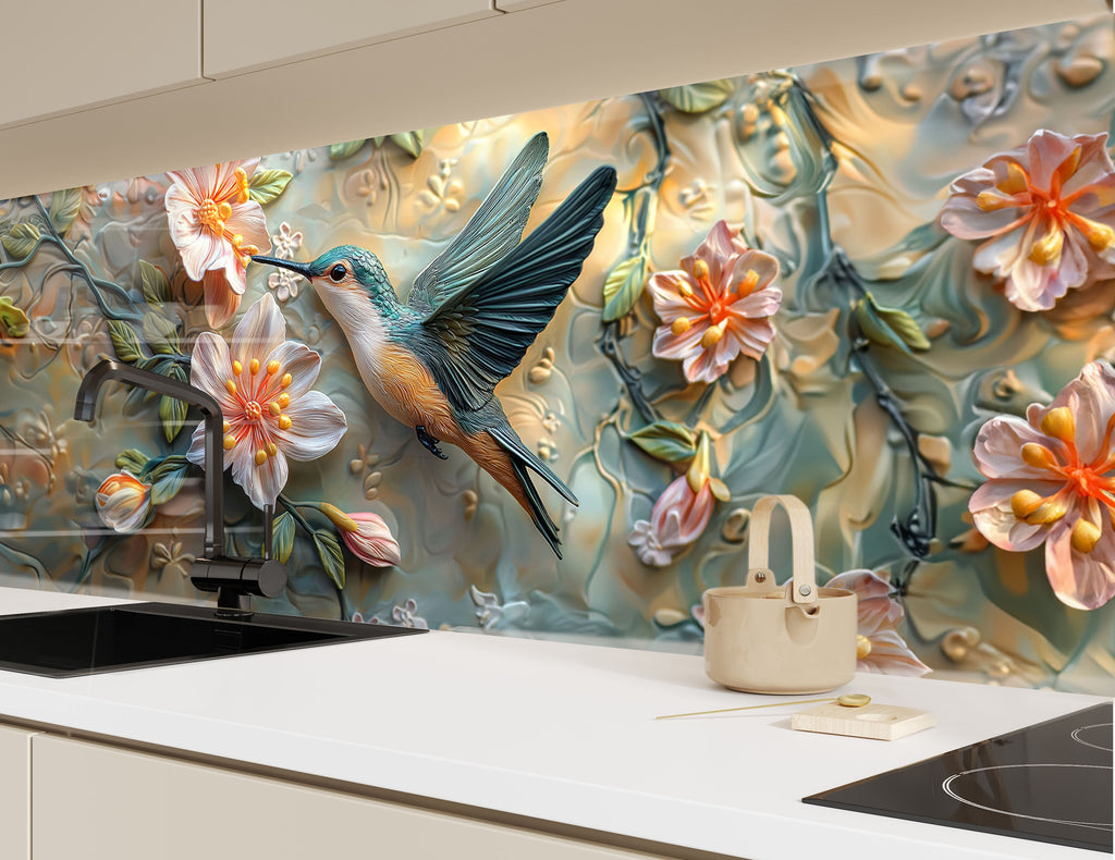 Charming hummingbird and floral scene – nature-inspired decorative glass backsplash.

