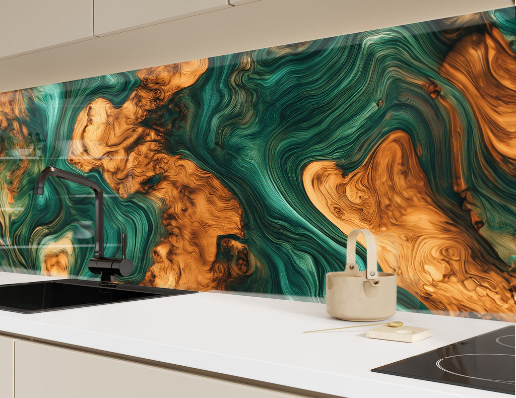Modern kitchen backsplash featuring abstract marble swirl in rich green and golden tones premium backsplash glass art panel

