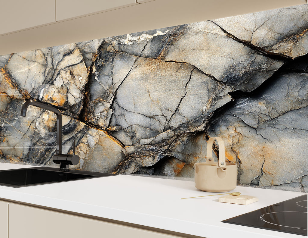 Realistic marble pattern kitchen backsplash glass art with dramatic cracks and golden accents

