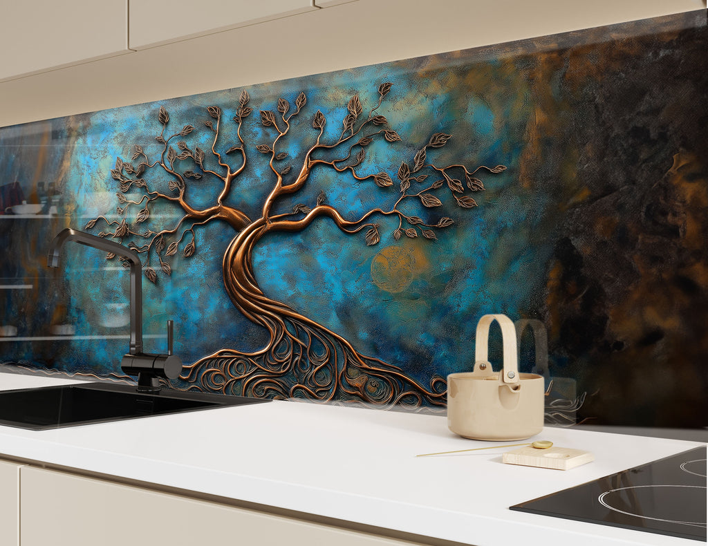 Luxury copper tree backsplash embossed artistic backsplash glass art perfect for modern and contemporary kitchen decor

