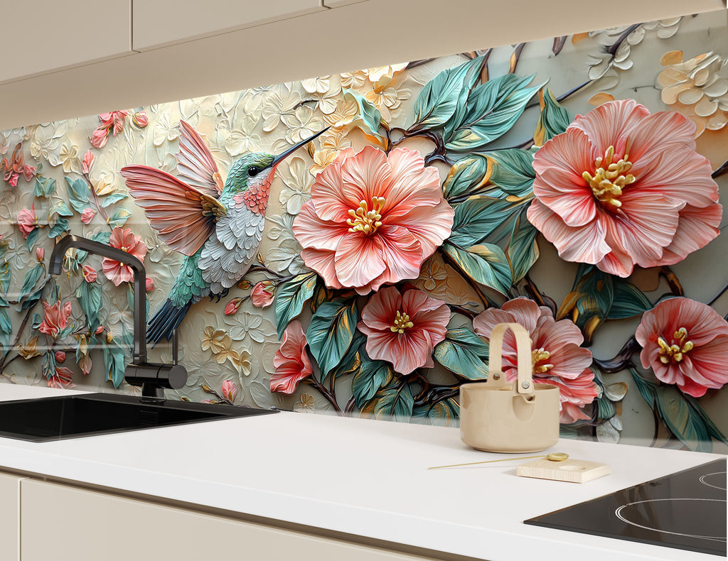 Soft-hued hummingbird flying near flowers – decorative glass backsplash design.

