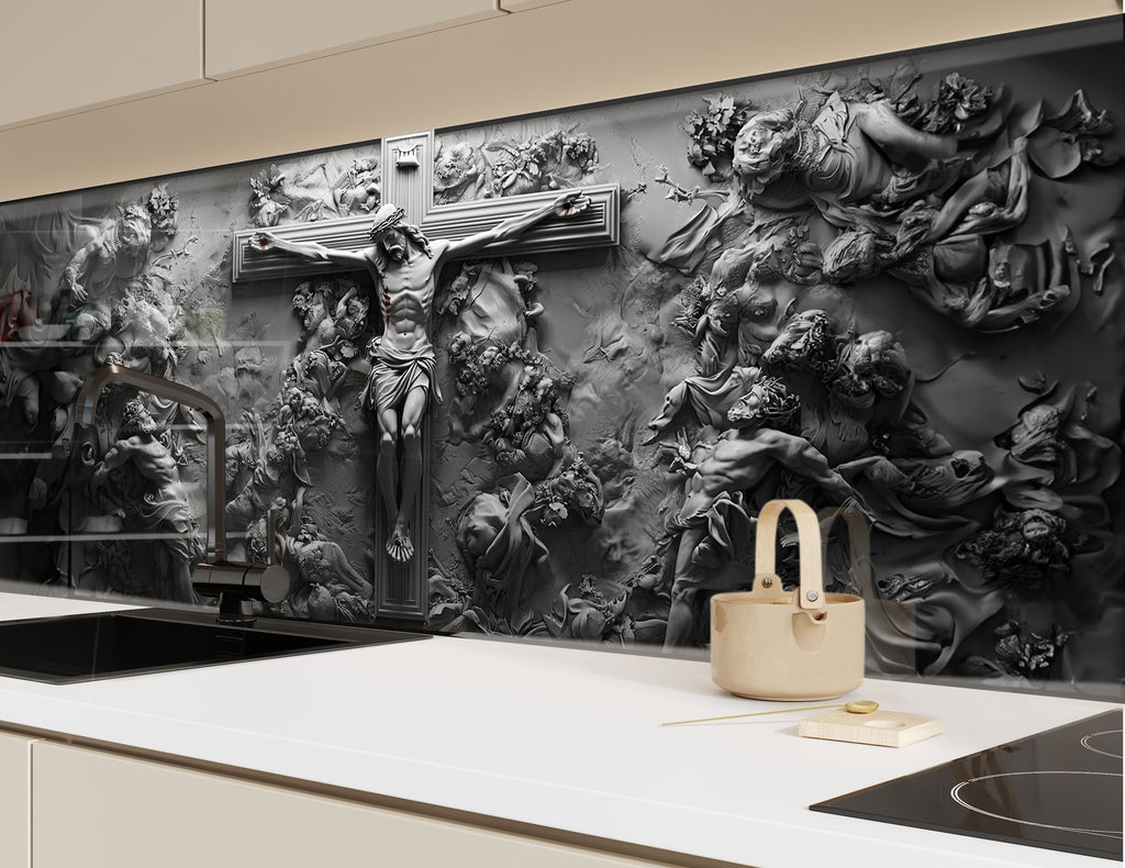 Refined backsplash glass art depicting Jesus Christ on the cross, ideal for creating a meaningful kitchen atmosphere.

