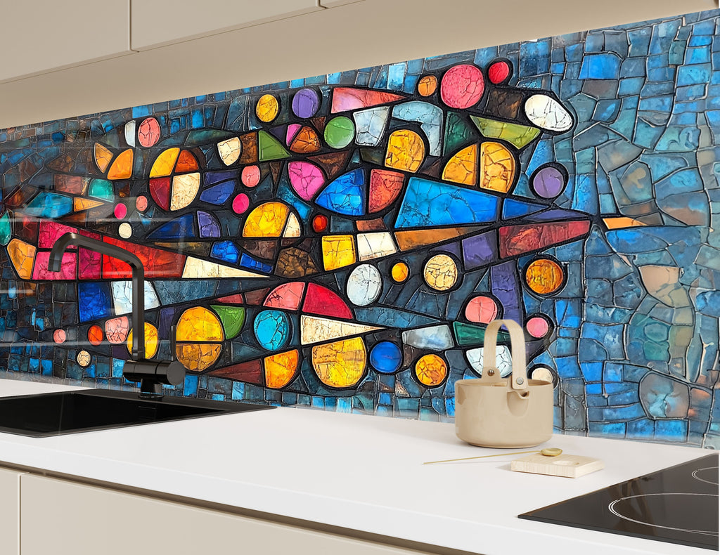 Artistic stained glass wall art backsplash colorful geometric mosaic design perfect for unique luxury kitchens

