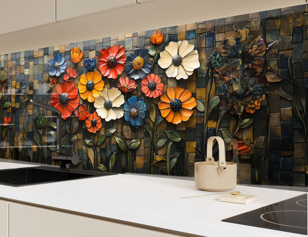 Whimsical flower backsplash glass art with vivid multicolor blooms for lively kitchens

