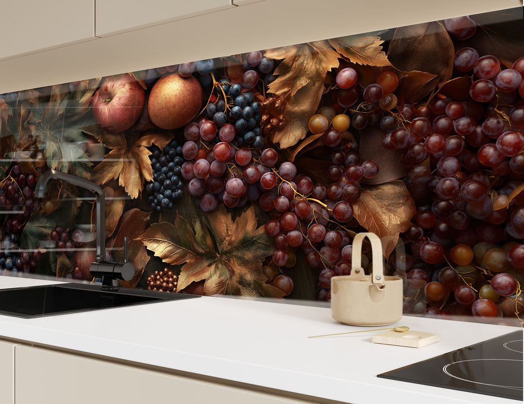 Luxury fruit kitchen backsplash with artistic grapes and apples design embossed textured glass wall panel for stylish kitchens

