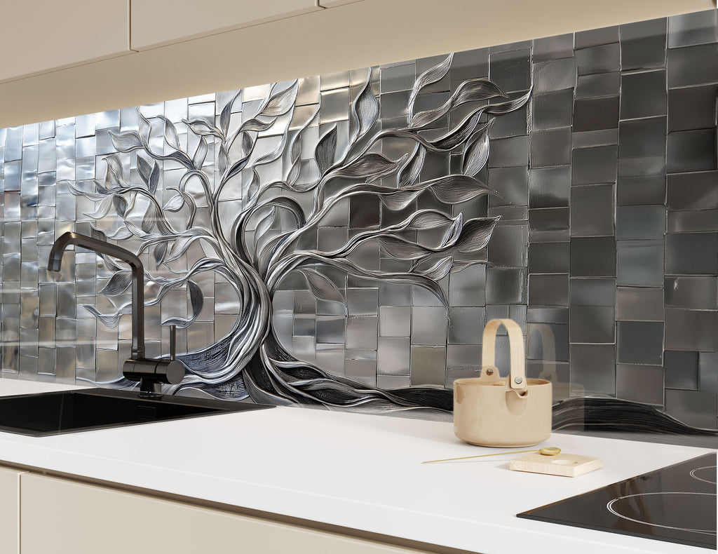 Modern kitchen backsplash with silver tree art embossed on textured glass wall panel for stylish home decor

