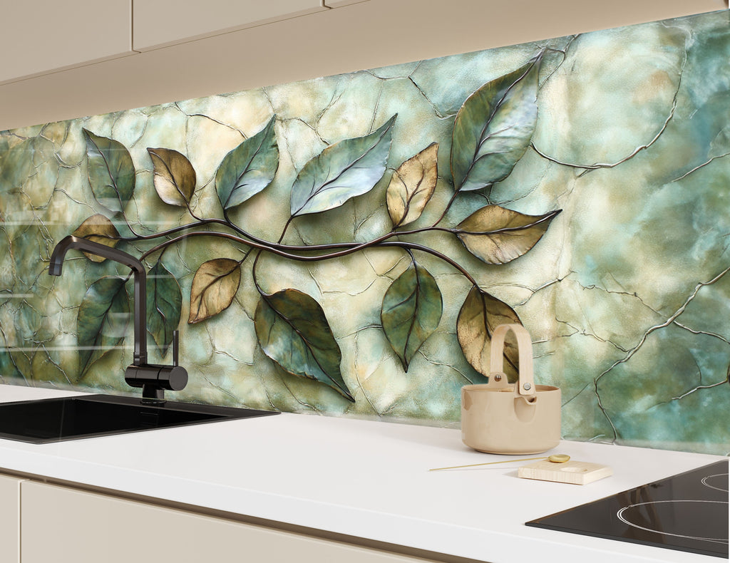 Nature-themed backsplash glass art with textured leafy branch pattern, designed to elevate upscale kitchens with organic beauty.

