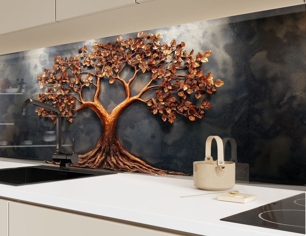 Rustic kitchen backsplash featuring artistic copper tree textured glass wall art panel for farmhouse and modern homes

