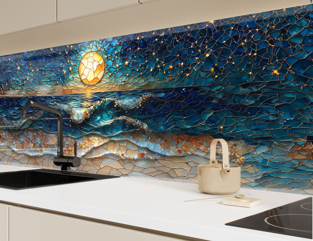 Enchanting kitchen backsplash with starlit sky, glowing moon, and dynamic ocean wave pattern.

