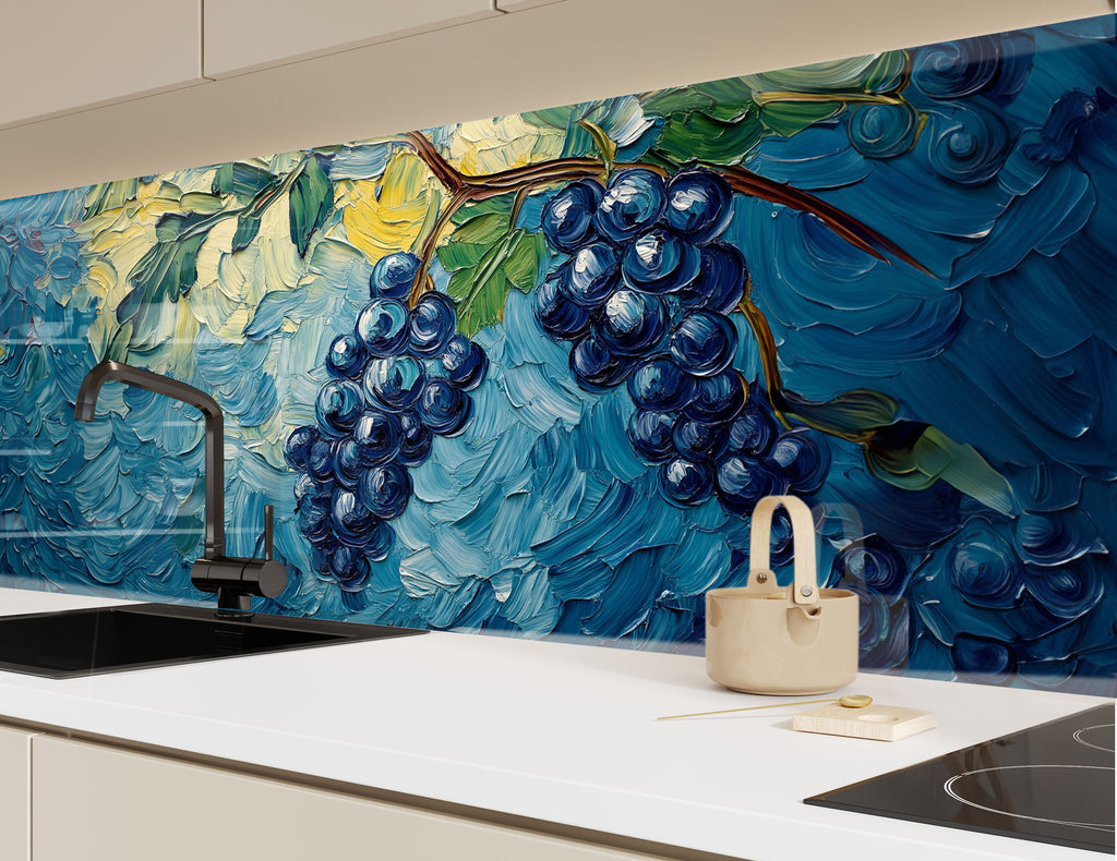 Blue grape-themed glass backsplash with expressive strokes – perfect for Mediterranean-inspired kitchens.

