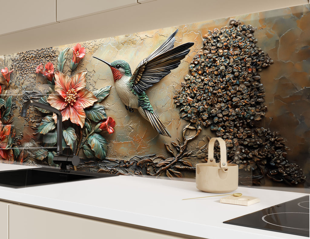 Bird in motion with bold floral elements – detailed glass backsplash panel.

