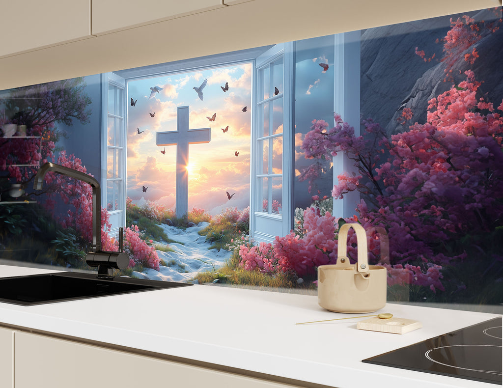 Heaven's Light - Cross & Sunrise Glass Kitchen Backsplash-BacksplashArtworks