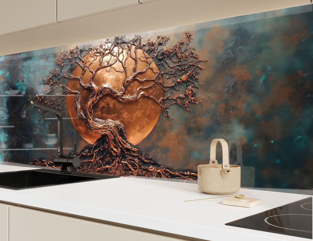Luxury kitchen backsplash with copper tree and moon artistic textured glass wall art for stylish and high end homes

