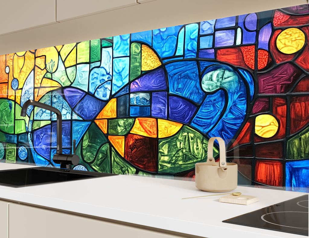 Modern backsplash glass art with bold colorful mosaic design creating a vibrant atmosphere in luxury kitchen interiors

