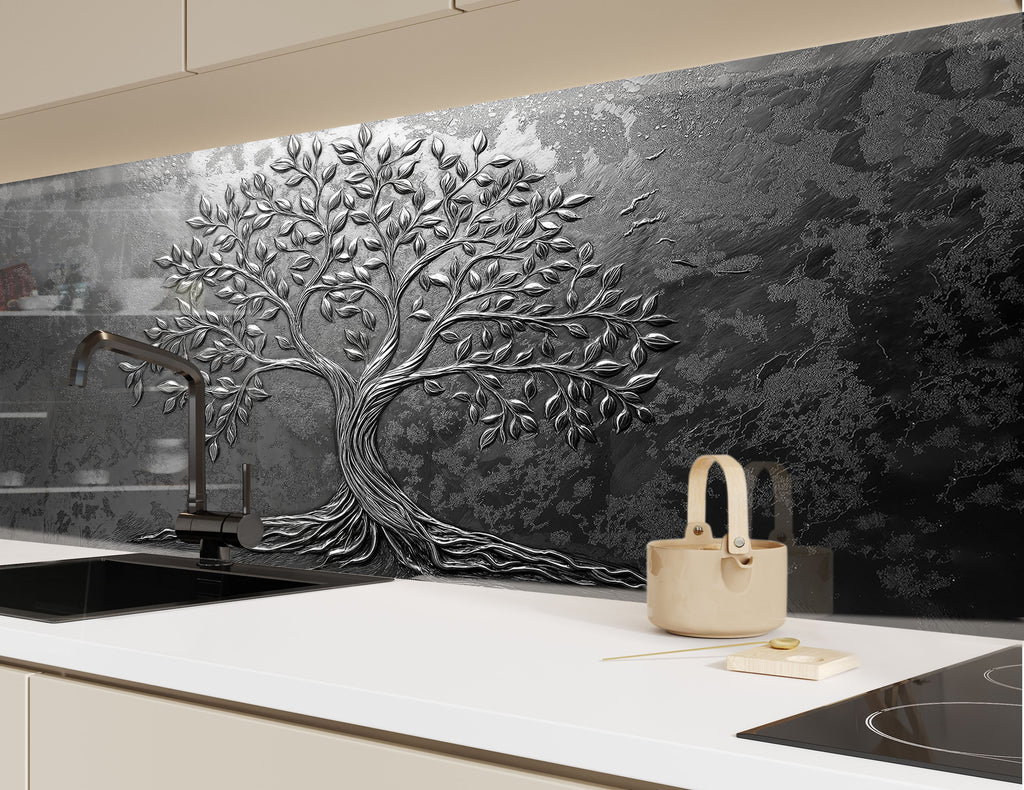 Luxury kitchen backsplash featuring embossed black tree design premium textured glass wall art panel for high end interiors

