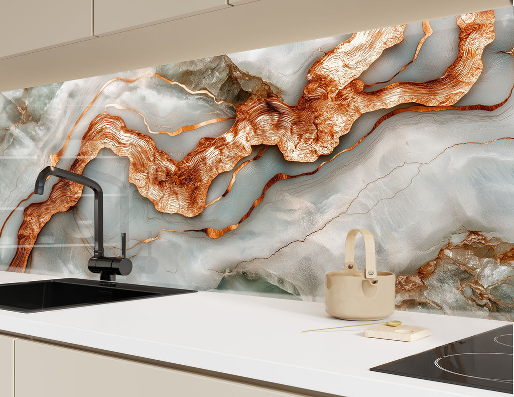 Natural agate-inspired glass wall art with copper-like patterns.

