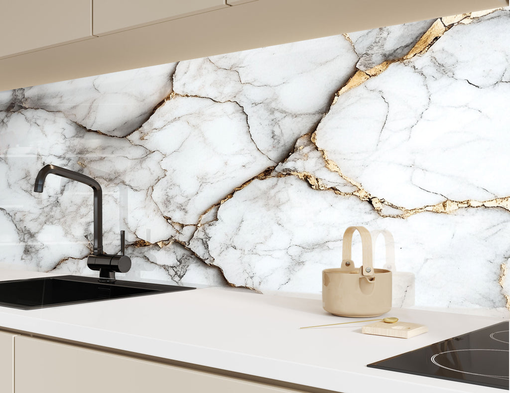 High-gloss marble effect glass backsplash with bold golden cracks – modern and luxurious.

