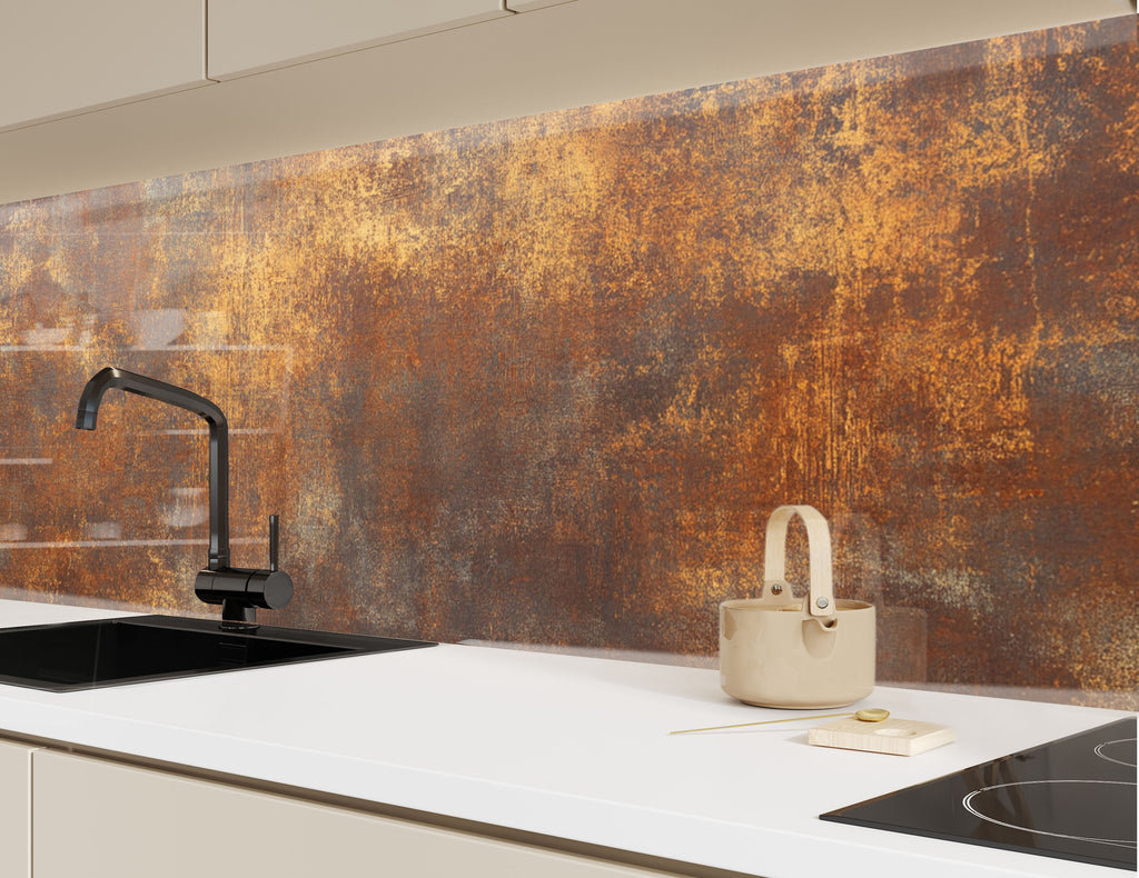Textured backsplash glass art featuring distressed copper and iron hues—perfect for loft-style kitchens.

