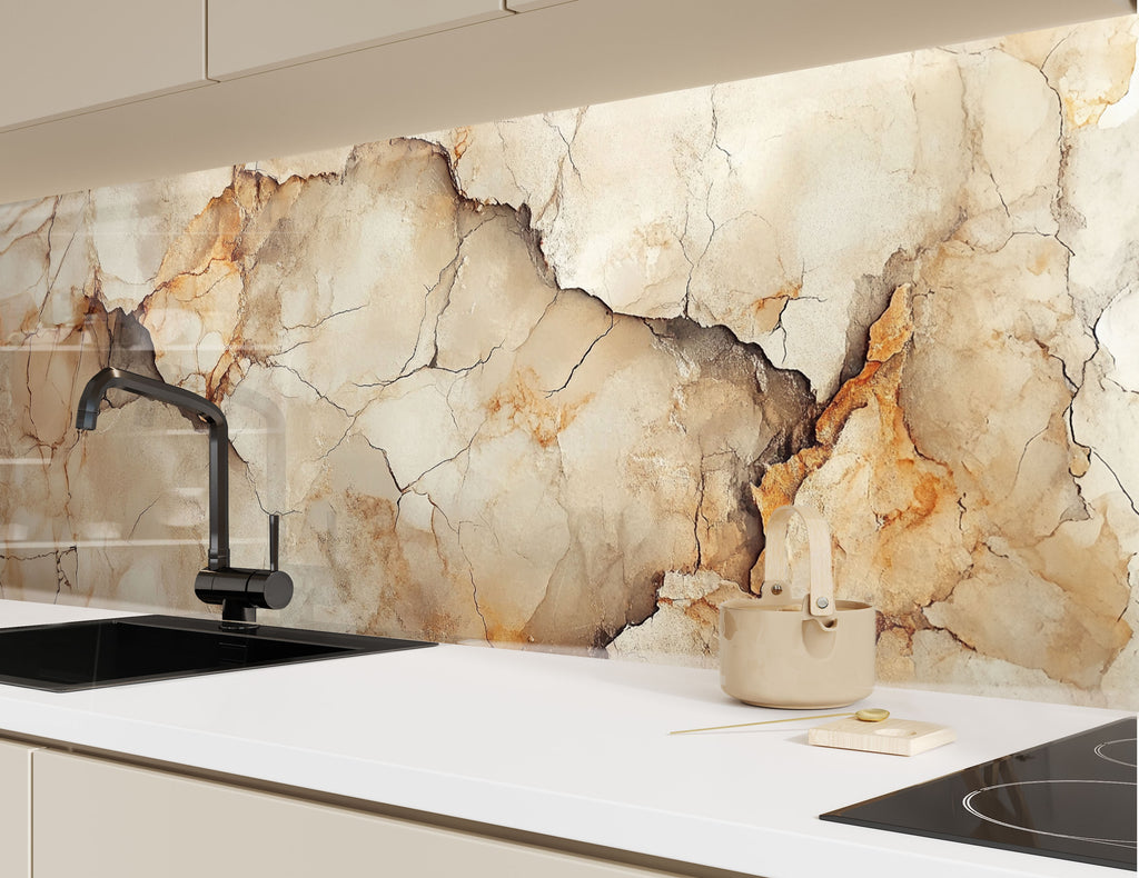 Glass backsplash panel with rustic marble aesthetics – perfect for classic or industrial kitchens.

