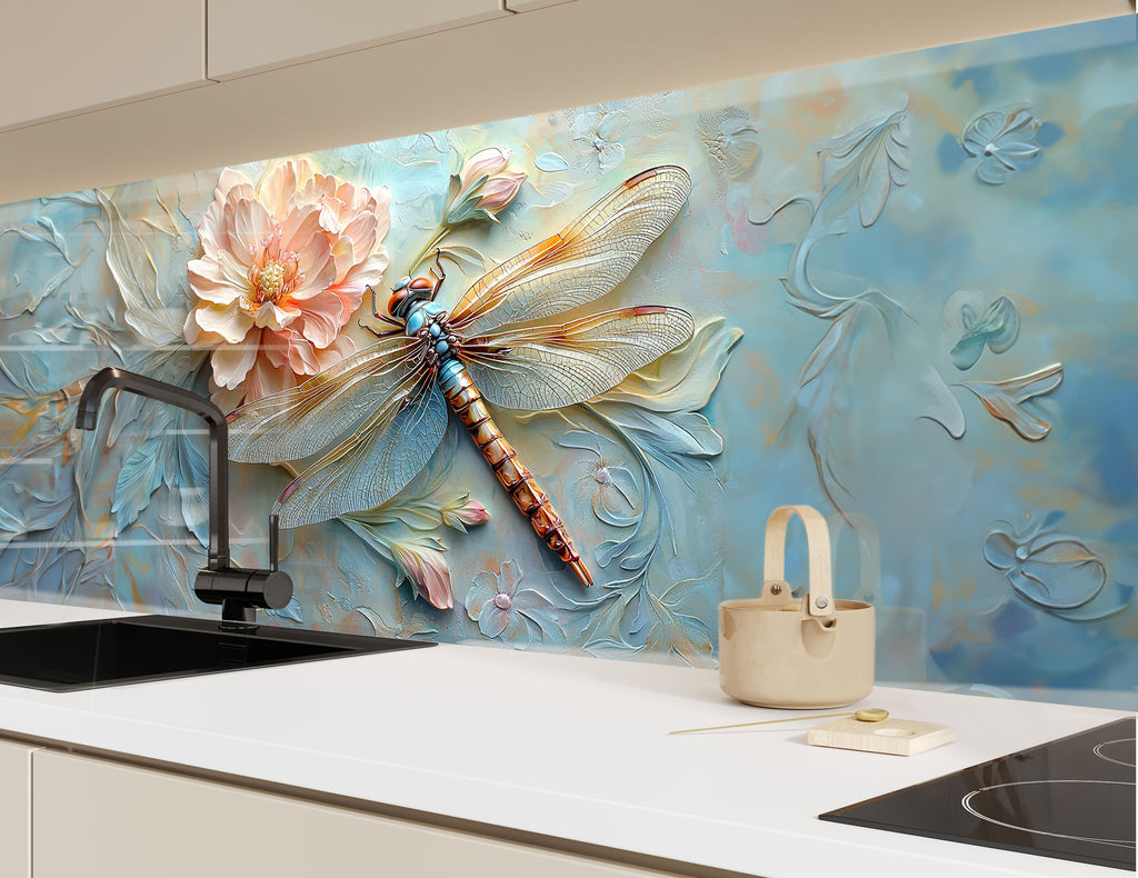 Detailed dragonfly over soft florals – nature-inspired kitchen wall decor.

