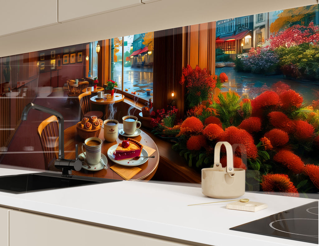 Steamy coffee and pastry shop backsplash in glass – a cozy kitchen escape.

