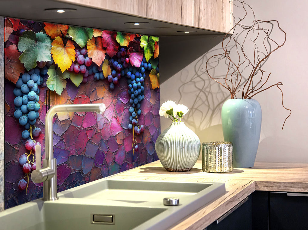 Rustic Grape Vine Glass Kitchen Backsplash – Colorful Vineyard Harvest-BacksplashArtworks