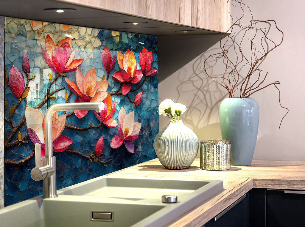 Magnolia Mosaic Art - Glass Kitchen Backsplash-BacksplashArtworks