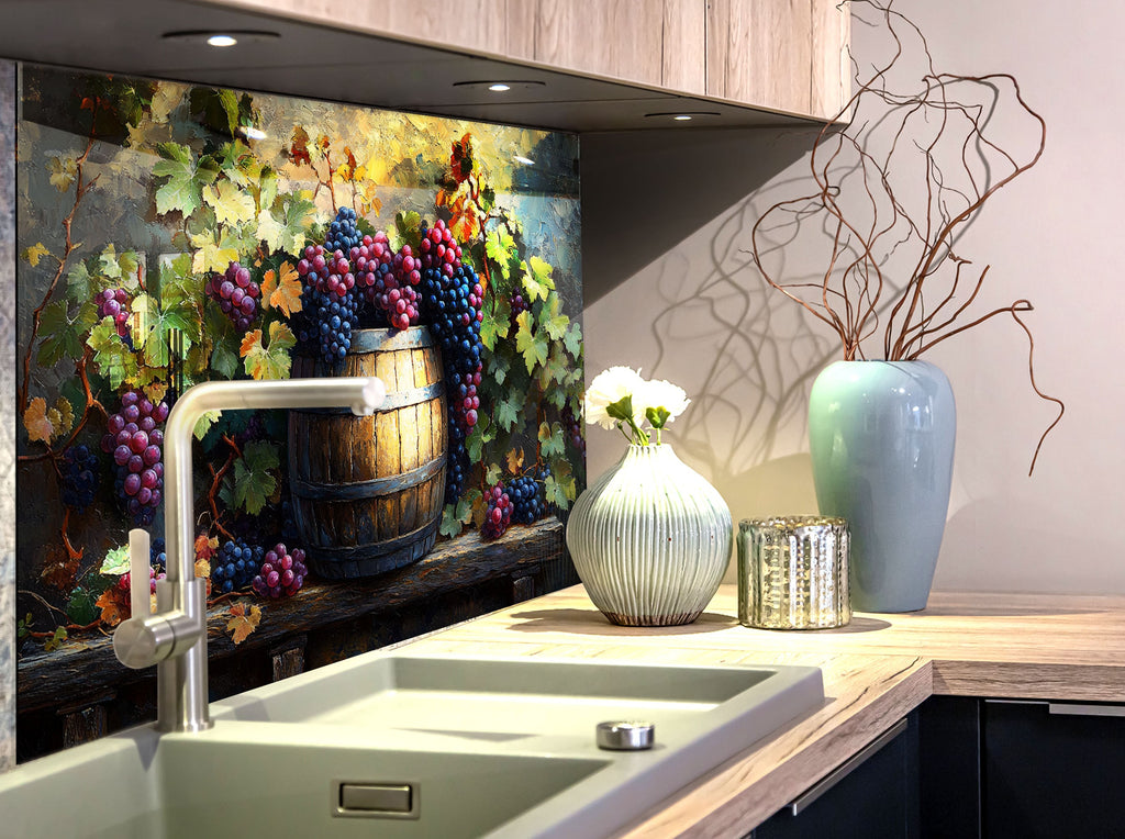 Rustic Grape Vine Glass Kitchen Backsplash – Vineyard Barrel Design-BacksplashArtworks