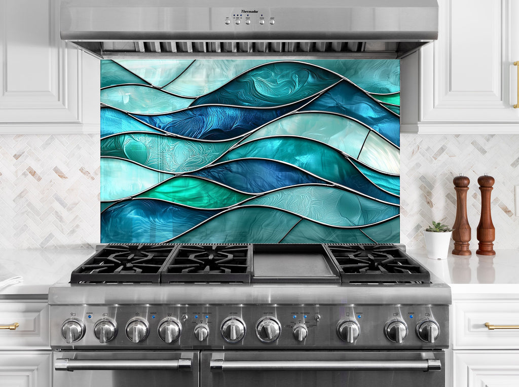 Elegant blue wave pattern kitchen backsplash artistic textured backsplash glass art perfect for ocean themed or contemporary kitchens

