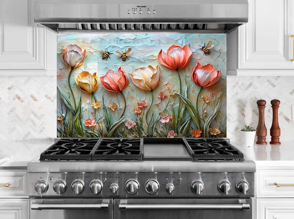 Blooming tulips and buzzing bees glass backsplash – vibrant nature scene for your kitchen.

