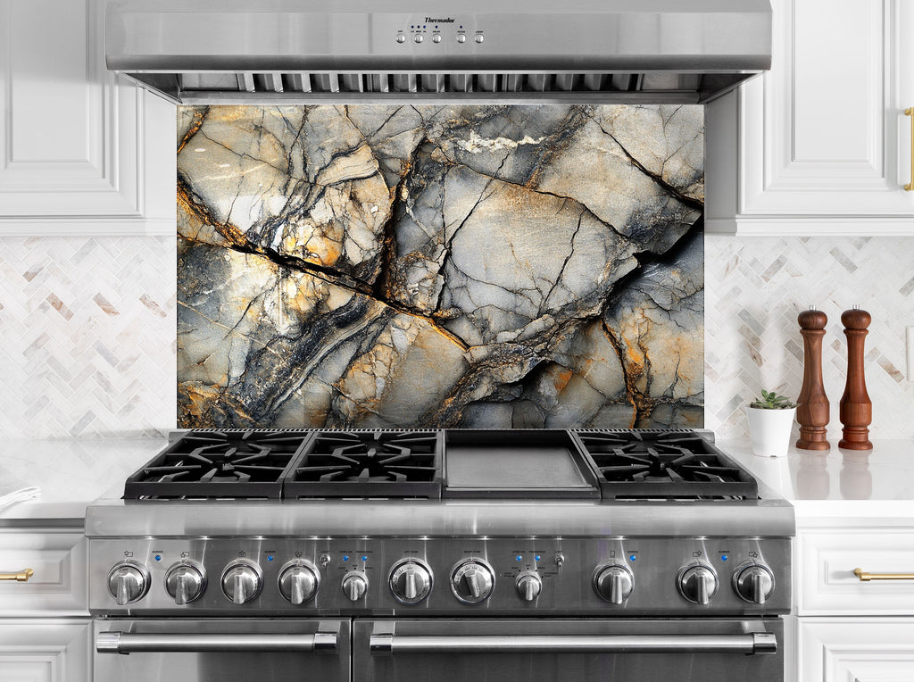 Luxury marble kitchen backsplash glass art featuring elegant gray and gold veining natural stone look

