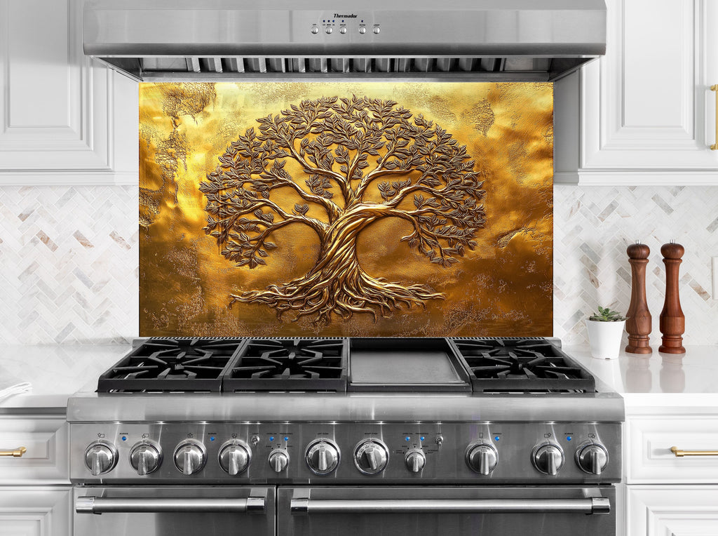 Golden tree of life kitchen backsplash luxury embossed textured glass wall art panel for elegant modern interiors

