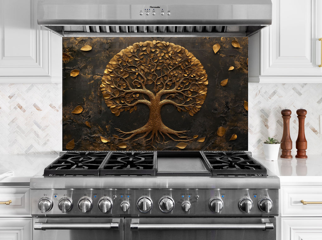 Elegant gold tree backsplash premium textured glass wall art featuring black background for contemporary kitchens

