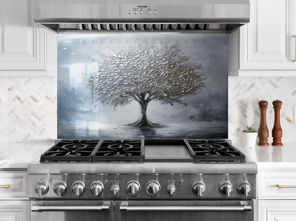 Luxury kitchen backsplash featuring silver embossed tree of life design premium textured glass wall art panel

