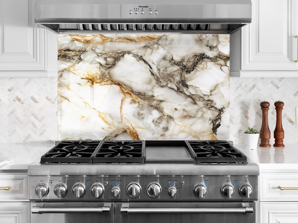 Luxury marble kitchen backsplash elegant white and gold veined design on premium textured backsplash glass art for modern interiors

