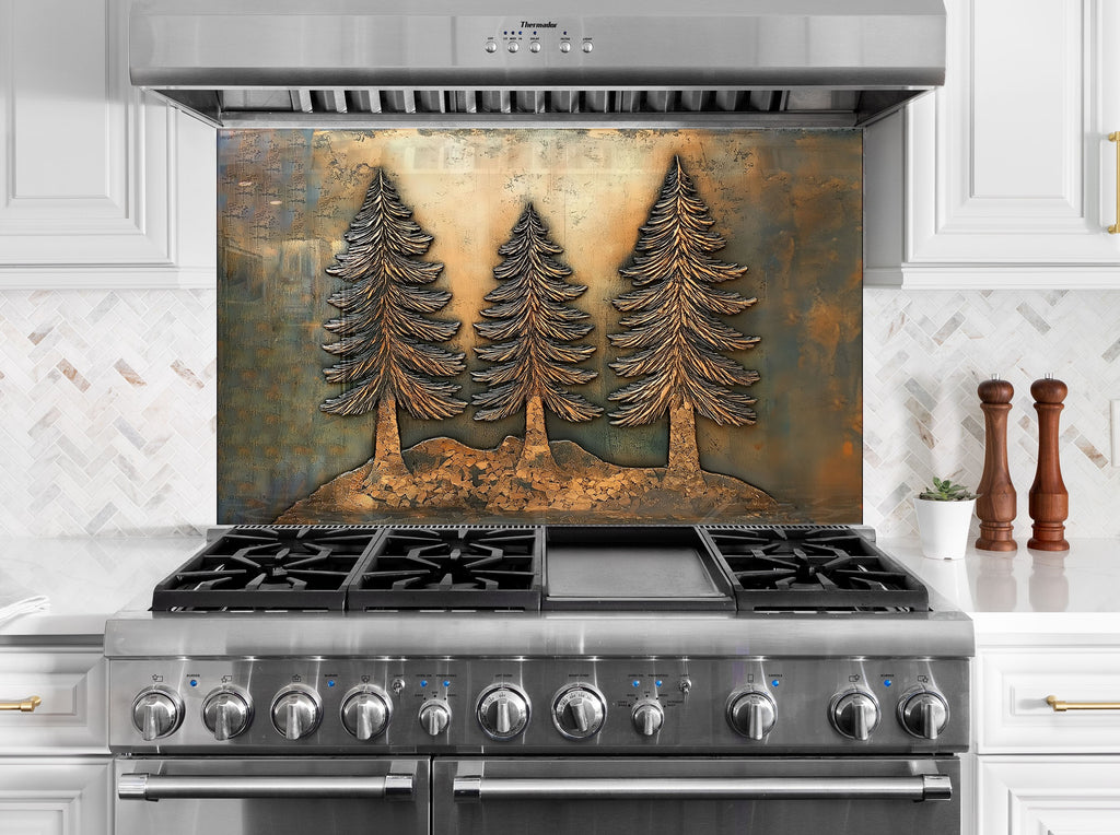 Elegant kitchen backsplash featuring pine trees and mountain landscape artistic textured backsplash glass art for rustic homes

