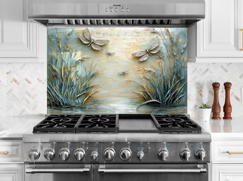 Tranquil pond scene with dragonflies glass backsplash – ideal for creating a peaceful kitchen atmosphere.


