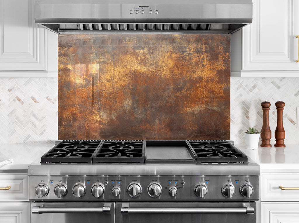 Backsplash glass panel with rustic oxidized steel texture for bold industrial kitchen interiors.

