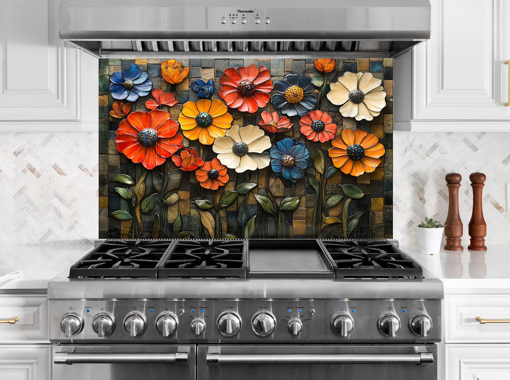Vibrant floral backsplash glass art with colorful flower mosaic design for kitchens

