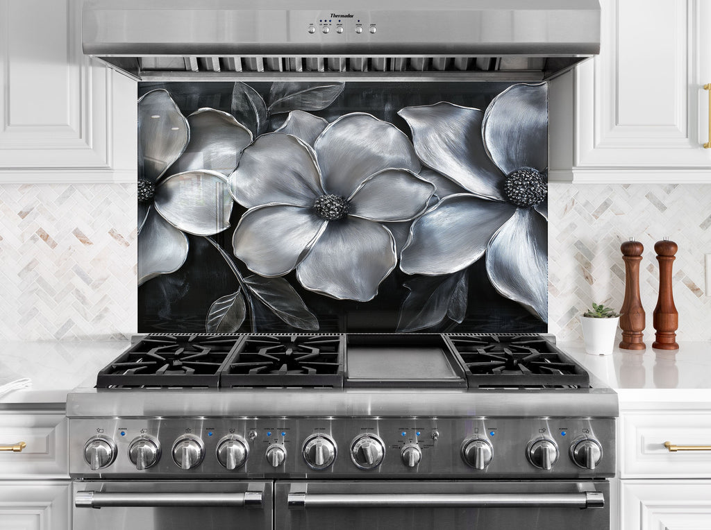 Luxury flower backsplash with silver metallic design artistic textured glass wall art panel for stylish kitchens

