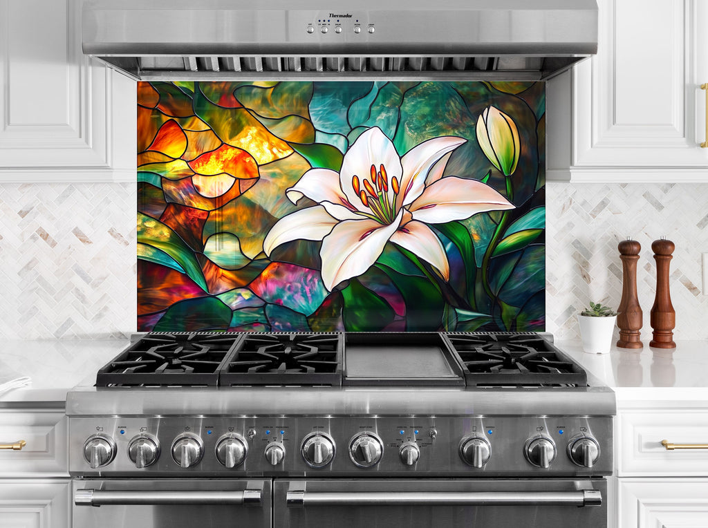 Artistic stained glass backsplash featuring a luminous lily flower with vivid green and orange tones, ideal for upscale interiors.

