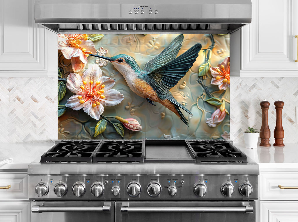 Elegant hummingbird and blossom flowers glass backsplash – vibrant kitchen accent.

