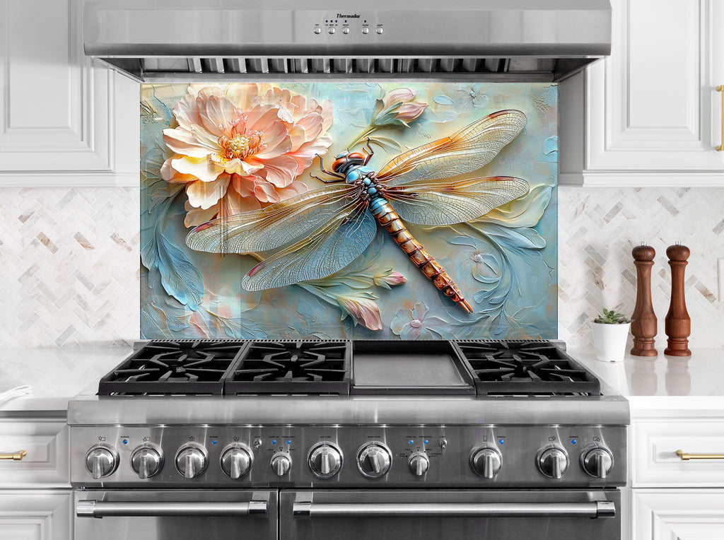 Colorful dragonfly with pastel flower design – luxury kitchen backsplash.

