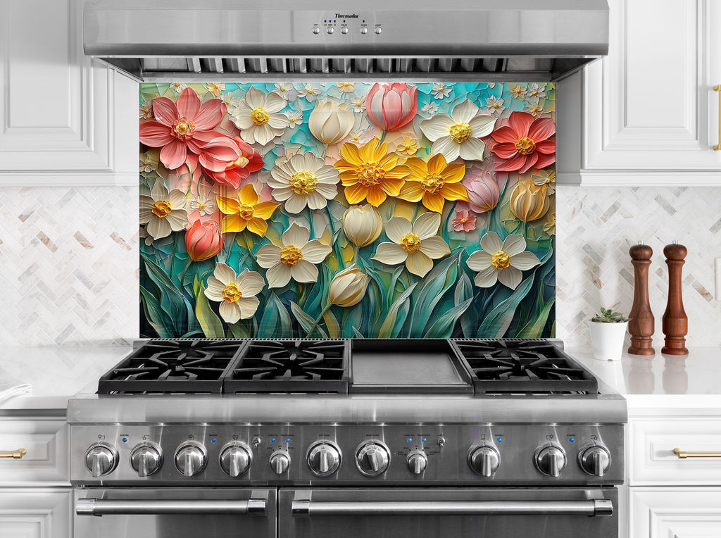 Backsplash glass art featuring vibrant spring flowers in a colorful garden – perfect for brightening kitchen decor.

