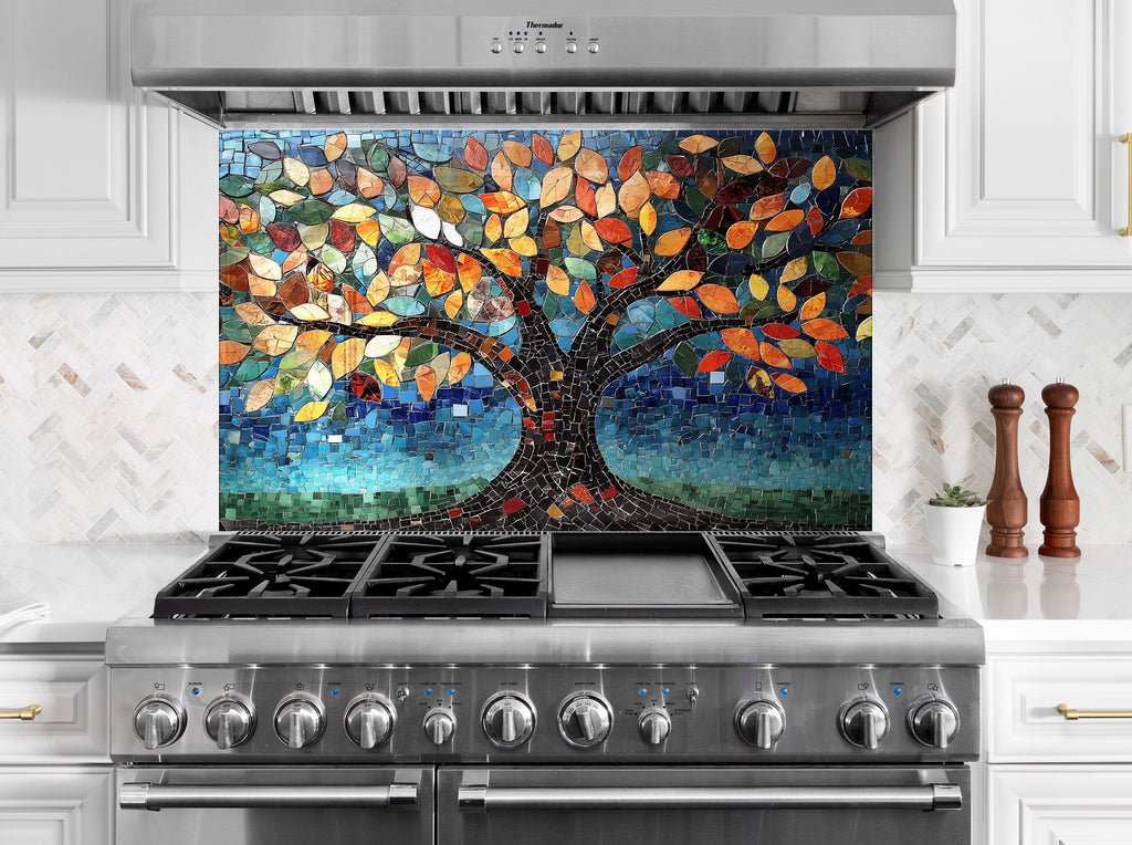 Mosaic tree of life kitchen backsplash artistic colorful design on premium textured backsplash glass art for stylish kitchen spaces

