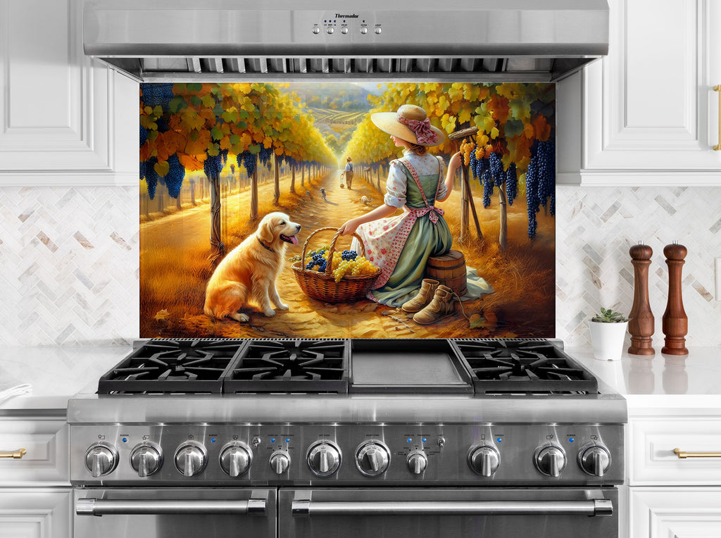 Vintage-style grape harvest backsplash glass with dog and vineyard lady 