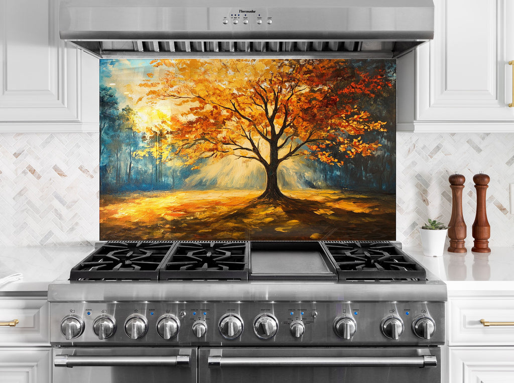 Radiant tree of life backsplash glass, perfect for creating a cozy and inviting kitchen atmosphere.

