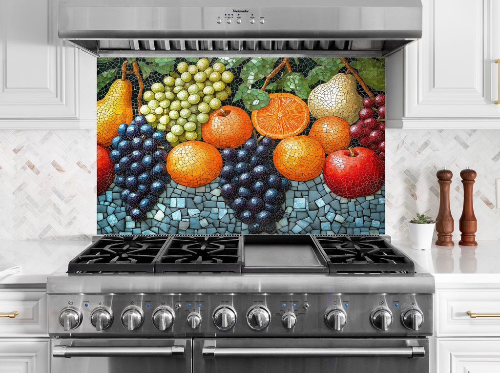 Luxury backsplash glass panel featuring artistic mosaic fruits, bringing Mediterranean charm to modern kitchens.

