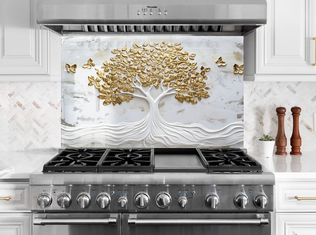 Elegant kitchen backsplash with golden tree and butterfly design premium textured glass wall art panel

