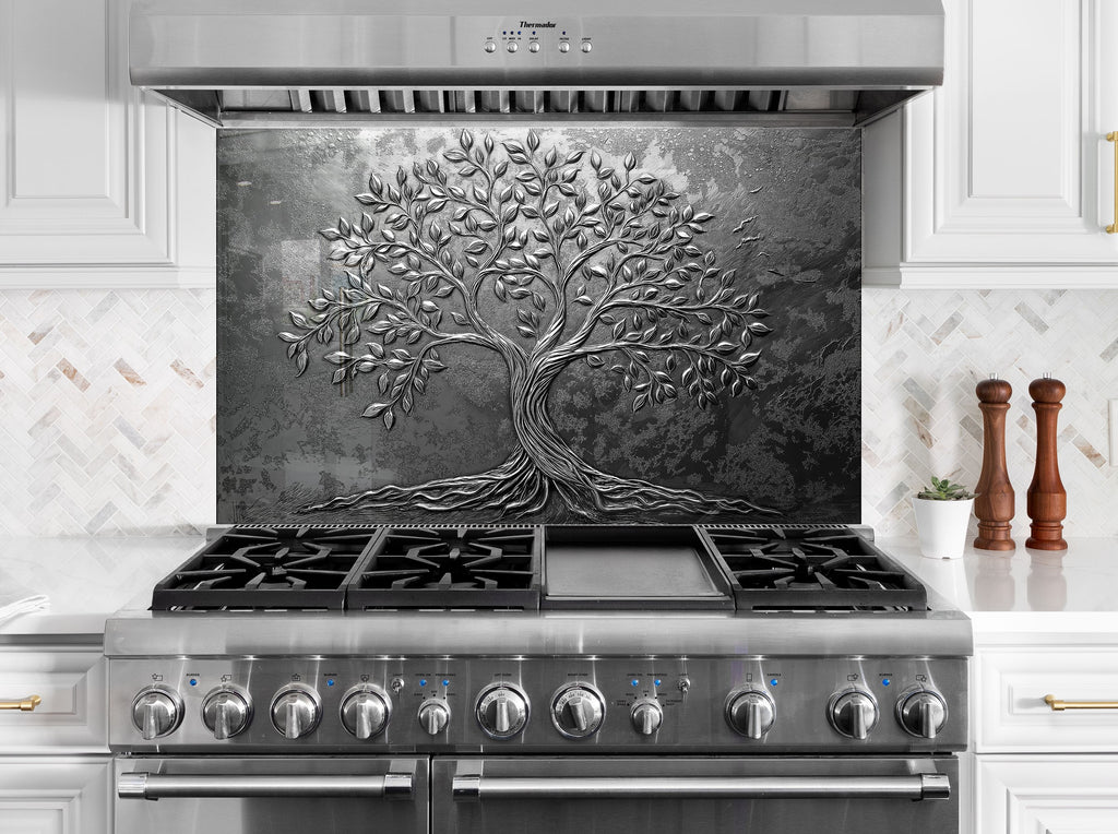 Black tree of life kitchen backsplash luxury embossed textured glass wall art for modern interior designs

